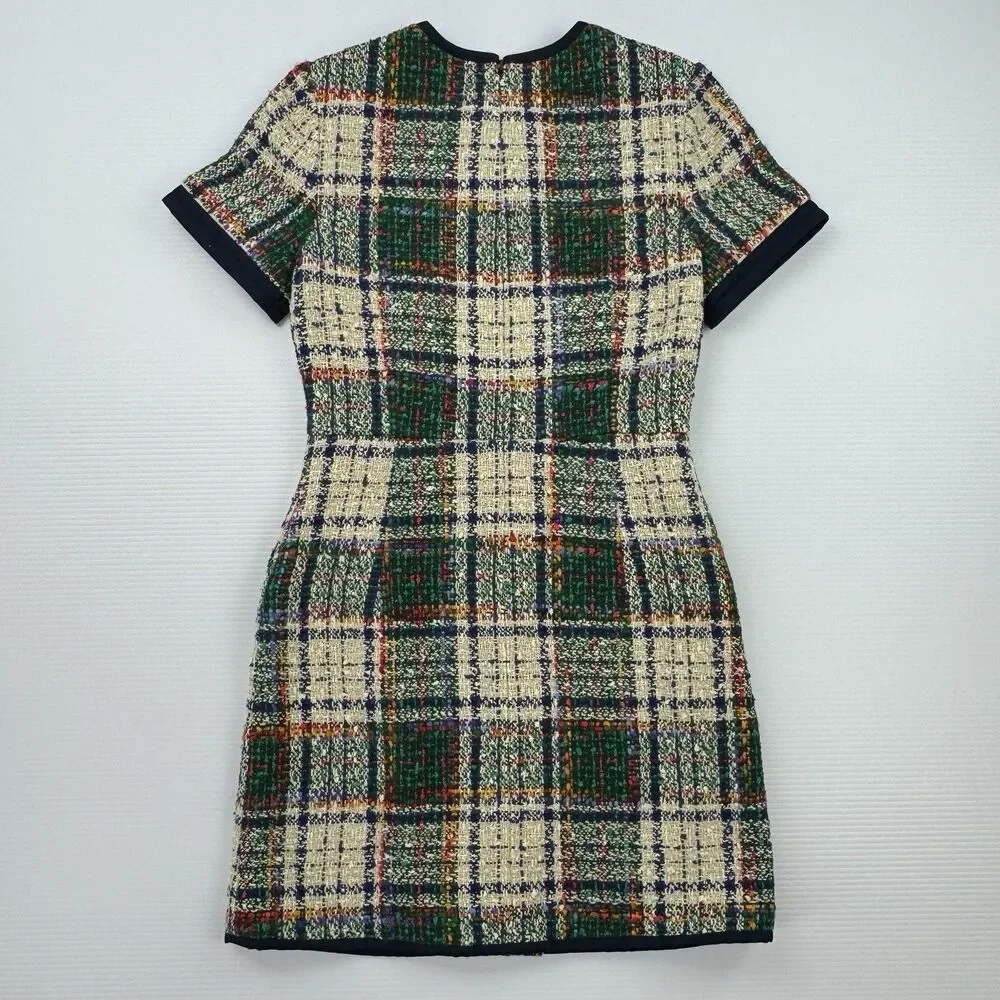 Tory Burch Plaid Tweed Sheath Dress Size 4 Zip Front Pockets Short Sleeve